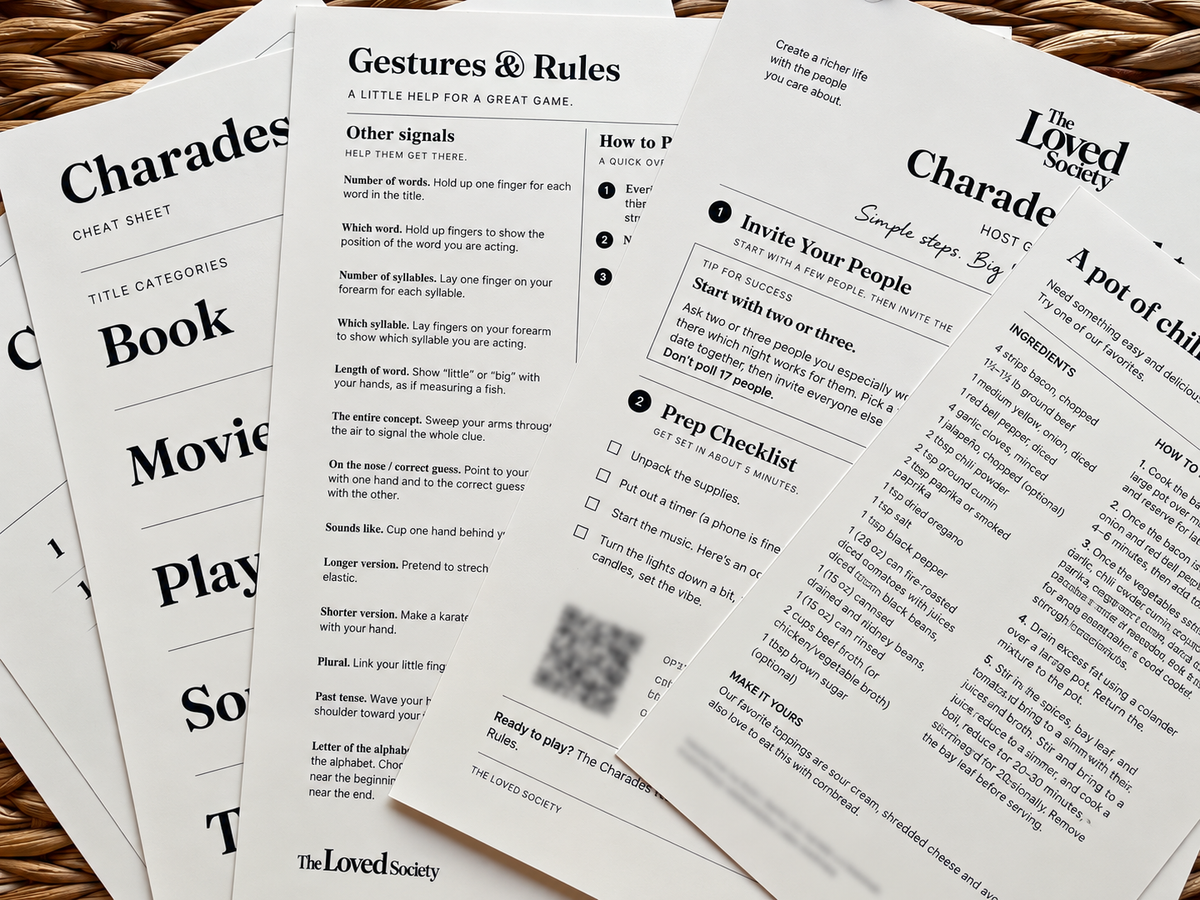 Charades Night Host Kit guides, including a cheat sheet, gestures and rules, host checklist and chili recipe