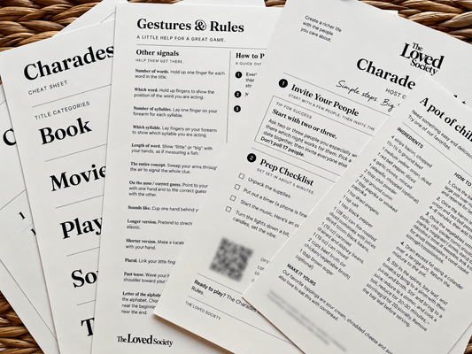 Charades Night Host Kit guides, including a cheat sheet, gestures and rules, host checklist and chili recipe